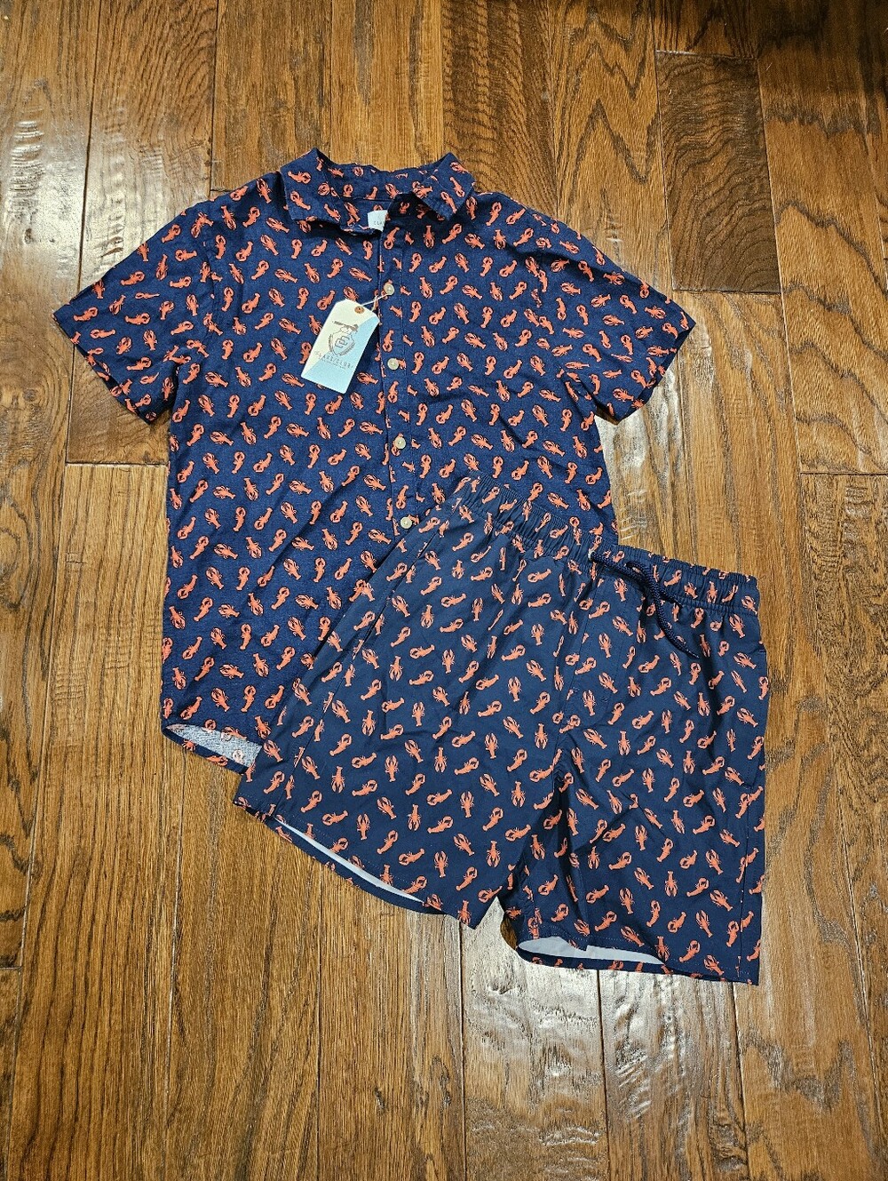 NWT Class Club Shirt & Swim Trunks Set, Blue/Red Lobsters - Size Large 14/16